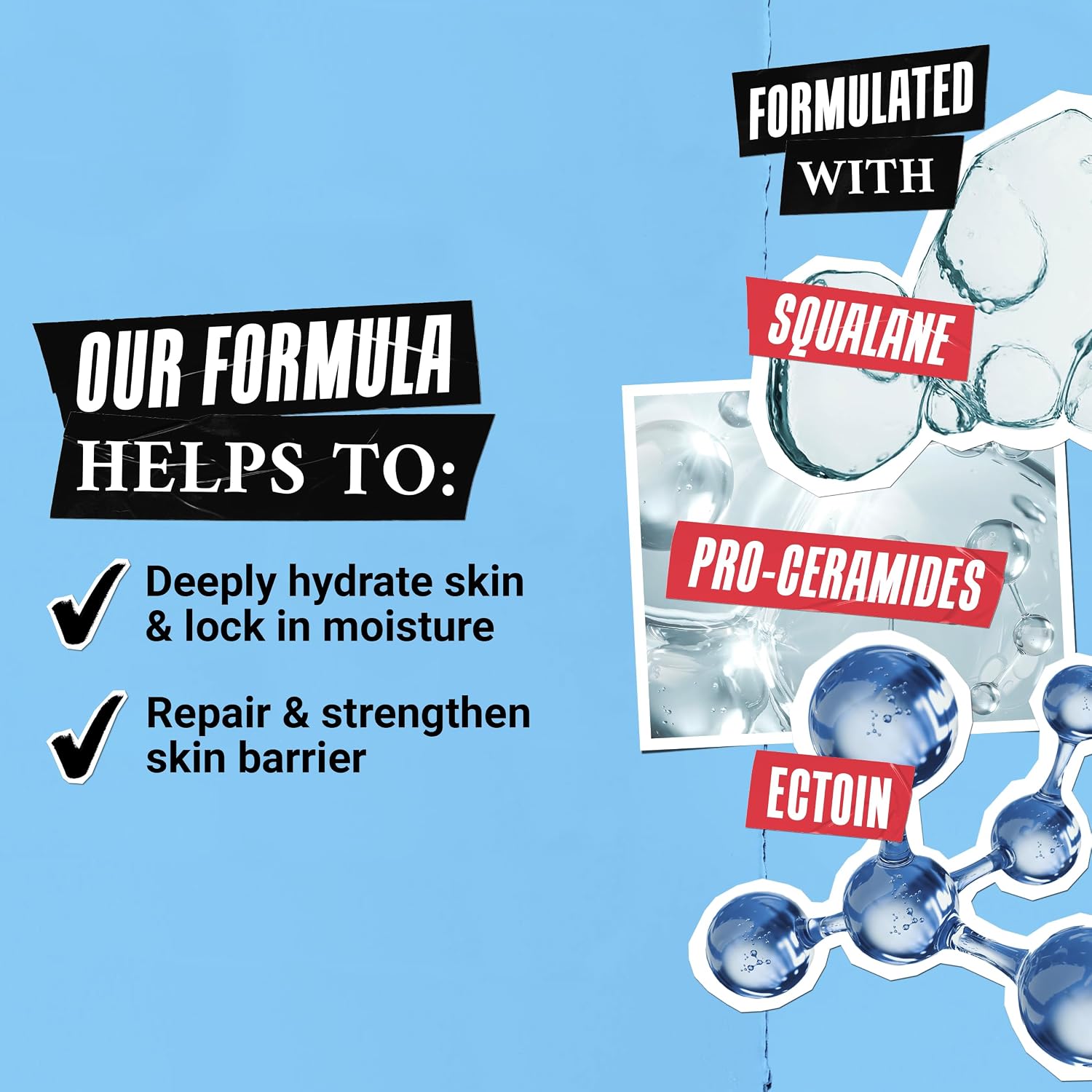 Kiehl's formula graphic listing Squalane, Pro-Ceramides and Ectoin for hydration and skin barrier support
